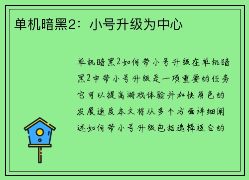 单机暗黑2：小号升级为中心