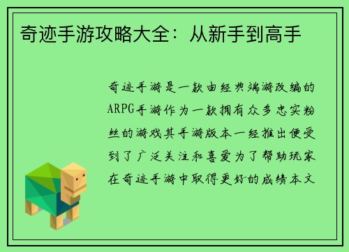 奇迹手游攻略大全：从新手到高手